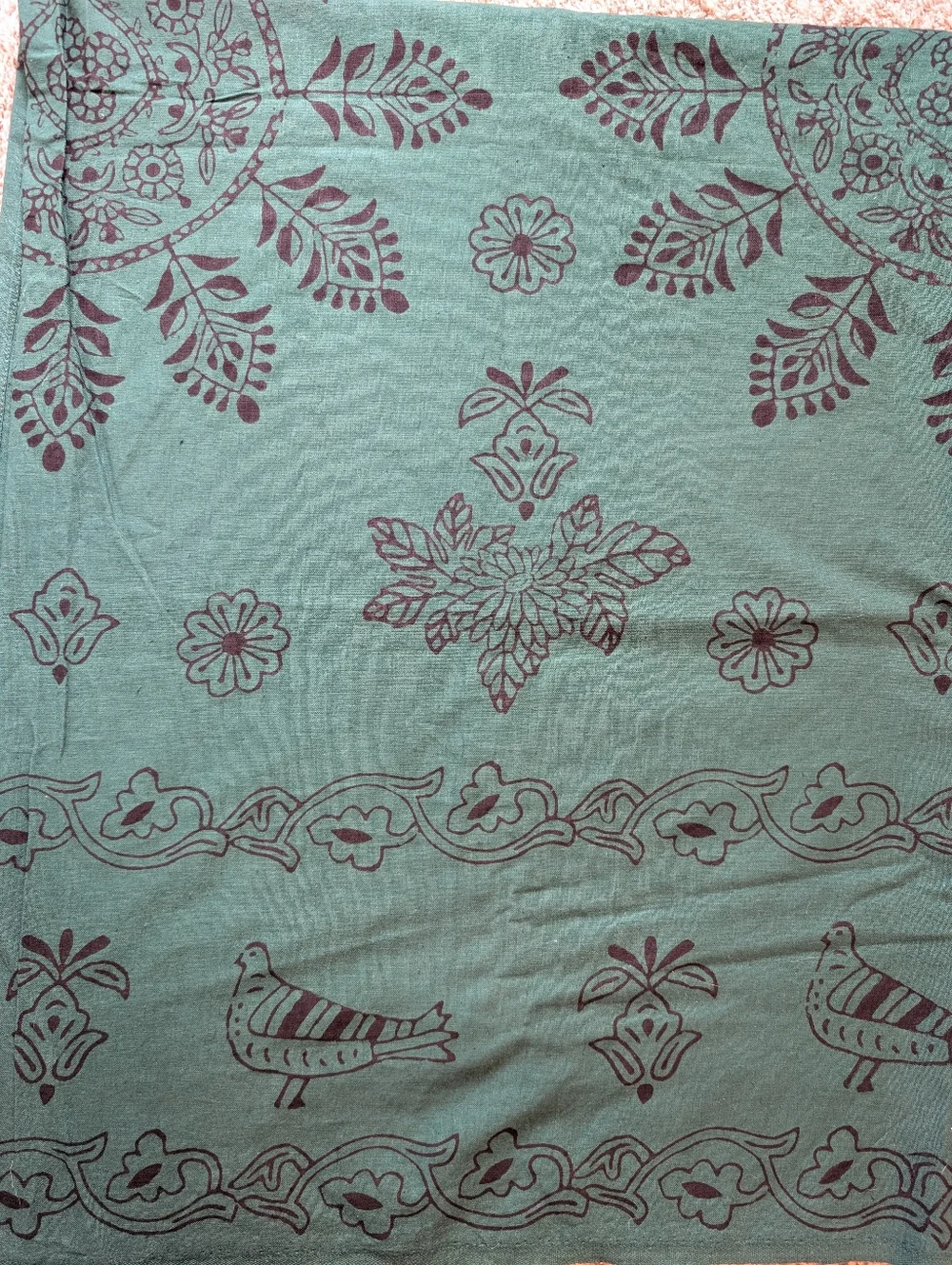 Teal‎ Block-Print Art Tablecloth with Black Floral & Bird Motif 250 X 150cm